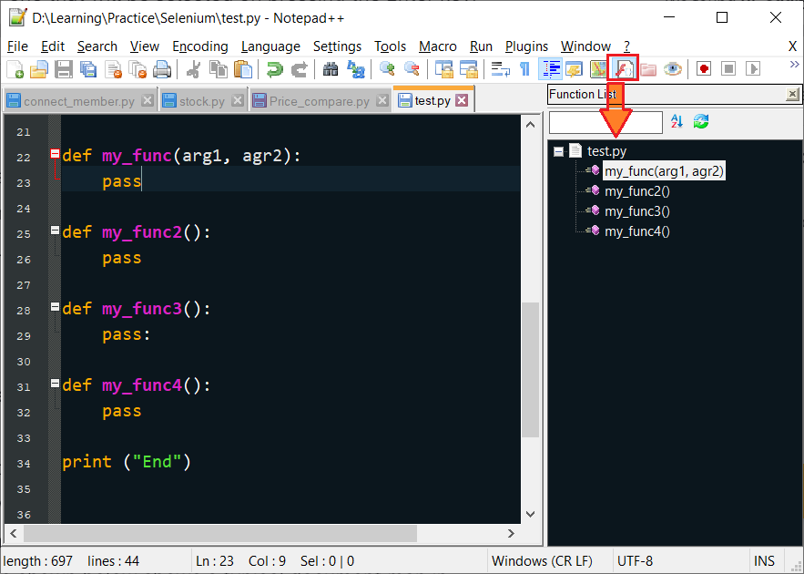function list notepad++ python